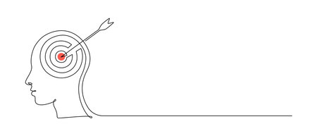 One continuous line drawing of head with target and arrow. Mental health and success focus concept in simple linear style. Editable stroke. Doodle vector illustrationのイラスト素材