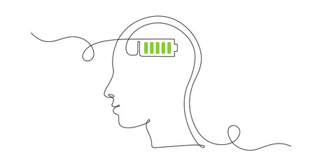 One continuous line drawing of head with full battery level. Mental health and positive therapy concept in simple linear style. Editable stroke. Doodle vector illustrationのイラスト素材