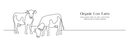 Cows on pasture in One continuous line drawing. Milk calf animal grazing symbol and beef meat farm concept in simple linear style. Editable stroke. Doodle vector illustrationのイラスト素材
