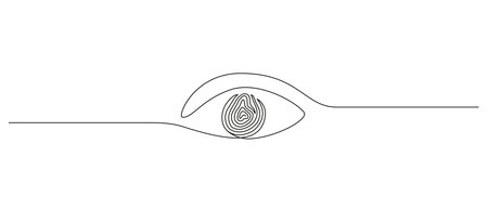 Fingerprint in eye in one continuous line drawing. Abstract password and security finger print id concept in simple linear style. Human unique pattern in editable stroke. Outline vector illustrationのイラスト素材
