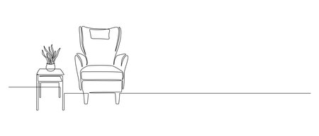 Home interior in one continuous line drawing. Modern furniture armchair and table with flower in simple Linear style. Editable stroke. Doodle vector illustrationのイラスト素材