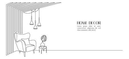 Modern design interior with armchair and wood slat walls in one continuous line drawing. Hygge scandinavian decor and soft furniture chair in simple linear style. Doodle vector illustrationのイラスト素材