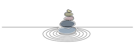 Natural Pebble Stone in one continuous line drawing. Balance and enjoying life concept in simple linear style. Spa wellness and massage salon in editable stroke. Doodle vector illustrationのイラスト素材