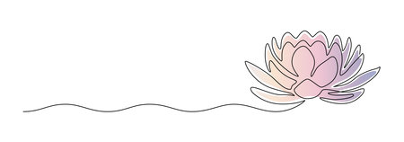 Lotus flower in one continuous line drawing. Yoga studio and wellness spa banner and business card in simple linear style. Water lily editable stroke. Doodle vector illustratioのイラスト素材