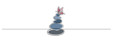 Pebbles with butterfly in one continuous line drawing. Zen Balance and meditation soul in simple linear style. Spa wellness and massage salon editable stroke. Doodle outline vector illustrationのイラスト素材