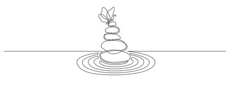Pebbles with butterfly in one continuous line drawing. Zen Balance and meditation soul in simple linear style. Spa wellness and massage salon editable stroke. Doodle vector illustrationのイラスト素材