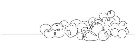 Blueberries and berries in one continuous line drawing. Fruit and strawberries in simple linear style. Label for jam and yogurt banner in editable stroke. Doodle contour vector illustrationのイラスト素材