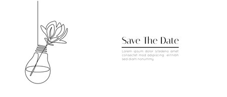 One continuous line drawing of wedding flower decoration. Romantic elegance concept with floral composition in light bulb glass vases invitation in simple linear style. Doodle vector illustrationのイラスト素材