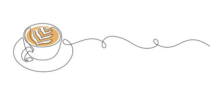 One continuous line drawing of cup coffee with latte art. Minimalist silhouette concept breakfast for cafe menu and web banner in simple linear style. Editable stroke. Doodle Vector illustrationのイラスト素材