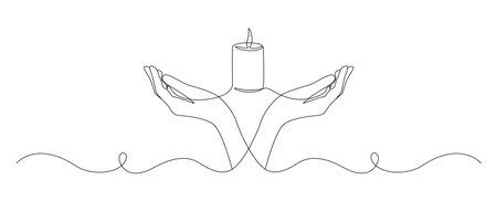 One continuous line drawing of hand holding candle. Symbol of prayer and church concept in simple linear style. Editable stroke. Doodle outline vector illustrationのイラスト素材