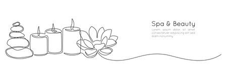 One continuous line drawing of wellness and spa treatment. Candle stones and lotus flower for zen and balance concept in simple linear style. Editable stroke. Doodle Vector illustrationのイラスト素材