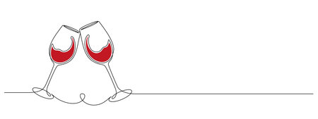 Continuous one line drawing of two glasses of red wine. Toast and cheers with splash in simple linear style. Alcohol and cocktail drink menu in editable stroke. Doodle outline vector illustrationのイラスト素材