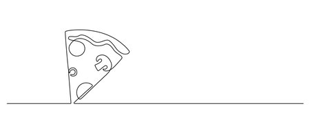 One continuous line drawing of pizza slice. Symbol of italian food and cafe delivery concept in simple linear style. Banner menu in editable stroke. Doodle outline vector illustrationのイラスト素材