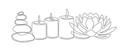 One continuous line drawing of wellness and spa treatment. Candle stones and lotus flower for zen and balance concept in simple linear style. Editable stroke. Doodle contour vector illustrationのイラスト素材