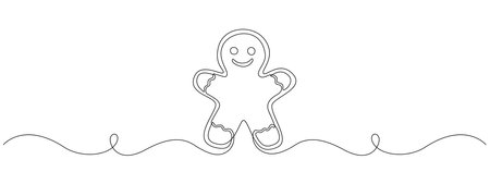 Continuous one line drawing of christmas gingerbread man. Homemade sweet cookie and biscuits in simple linear style. Editable stroke. Doodle vector illustrationのイラスト素材
