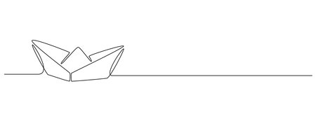 One continuous line drawing of paper boat. Origami ship concept for success leadership of business in simple linear style. Editable stroke design for web banner. Doodle outline Vector illustrationのイラスト素材