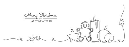 One continuous line drawing of Christmas greeting card. Festive composition for winter holiday concept in simple linear style. Xmas decor in editable stroke. Doodle vector illustrationのイラスト素材