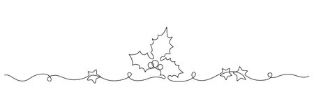 One continuous line drawing of Christmas holly. Festive greeting card and banner with mistletoe design in simple linear style. Editable stroke. Doodle outline vector illustrationのイラスト素材