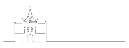 Continuous one line drawing of old residence and castle. Serbian landmarks Vladicanski dvor in Novi Sad city in simple linear style. Editable stroke. Doodle outline vector illustrationのイラスト素材