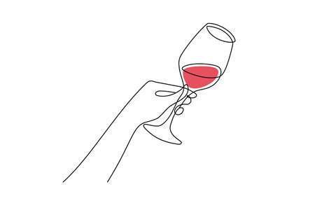 One continuous line drawing of hand with glass of wine. Christmas toast and wishes in simple linear style. Concept of celebrate and cheering in Editable stroke. Doodle hand drawn vector illustrationのイラスト素材