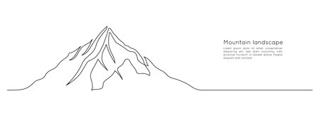 One continuous line drawing of mountain range landscape. Abstract web banner with hills and snow peaks in simple linear style. Winter ski sport concept editable stroke. Doodle vector illustrationのイラスト素材