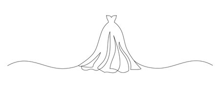 Wedding dress in one continuous line drawing. Fashion clothes symbol for bridal shop and invitation design in simple linear style. Editable stroke. Doodle contour vector illustrationのイラスト素材