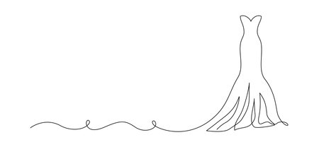 Wedding dress in one continuous line drawing. Fashion clothes symbol for bridal shop and invitation design in simple linear style. Editable stroke. Doodle vector illustrationのイラスト素材