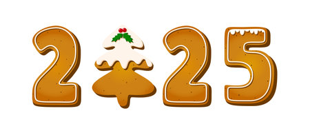 Gingerbread cookies 2025 and Christmas tree in cartoon style. Sweet biscuit in new year message...