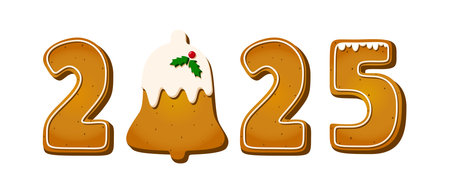 Christmas gingerbread cookies 2025 in cartoon style. Sweet biscuit in new year message isolated on white background. Cute Vector illustrationのイラスト素材
