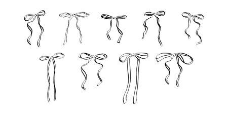 Coquette ribbons and bows in hand drawn style. Vintage elements in simple crayon and sketch style. Trendy art symbols for Valentine day and wedding invitations. Doodle vector illustrationのイラスト素材