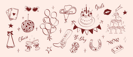Cowgirl set in hand drawn coquette style. Vintage whimsical symbols with bow for bachelorette and girls birthday party. Trendy art for menu and banner for holidays. Doodle vector illustrationのイラスト素材
