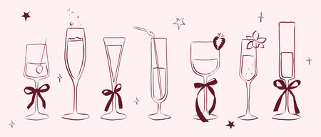 Cold drinks and cocktails. Hand drawn coquette drawing. Cute glasses with ribbon and bow for menu in crayon and sketch style. Doodle outline vector illustrationのイラスト素材