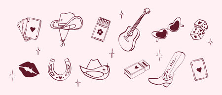 Cowgirl set in hand drawn coquette style. Vintage whimsical symbols with bow for bachelorette and girls birthday party. Trendy art for rodeo holidays banner. Doodle vector illustrationのイラスト素材