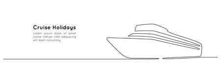Cruise ship in one continuous line drawing. Sea and ocean yacht in simple linear style. Luxury caribbean travel and vacation in editable stroke. Hand drawn vector illustrationのイラスト素材