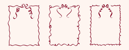 Girly Ribbon Bow frames of hand drawn line art style. Coquette cute birthday borders for Valentine day cards, menu and Wedding invitations templates. Set of Doodle outline vector illustrationのイラスト素材