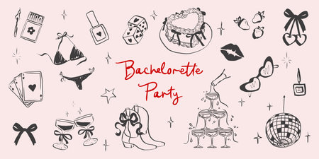 Birthday party set in hand drawn coquette style. Whimsical chalk doodles for girls bachelorette. Crayon drawing for menus and invitations. Doodle elegance vector illustrationのイラスト素材