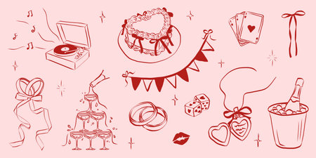 Hand drawn coquette wedding elements. Vintage cute symbols with ribbon and bow in simple crayon sketch style. Trendy art for Valentine day and bachelorette invitations. Doodle vector illustrationのイラスト素材