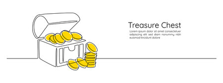 One continuous line drawing an open Treasure Chest. Pirates wooden box with golden coins in simple linear style. Full old money in Editable stroke. Doodle outline vector illustrationのイラスト素材
