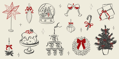 Whimsical party doodles featuring festive dinner table with Christmas tree, champagne pyramid and wine glasses, gift boxes with bows and holiday decorations in Crayon style. Vector illustrationのイラスト素材