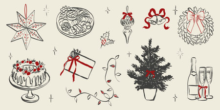 Christmas party sketch illustration with vintage hand-drawn elements such as festive dinner setup, champagne bottles, wrapped presents, pine branches in cute doodle aestheticのイラスト素材