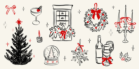 Festive party doodle sketch featuring vintage Christmas dinner table with bow-tied gifts, champagne, tree decorations, and whimsical hand-drawn holiday food illustrationsのイラスト素材