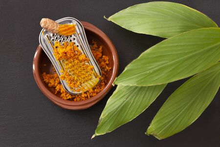 Ceramic bowl with grater and turmeric powder, roots and leaves - C?rcuma Longaの写真素材