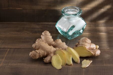 Lemon, baking soda and ginger sodium for teeth cleaningの写真素材