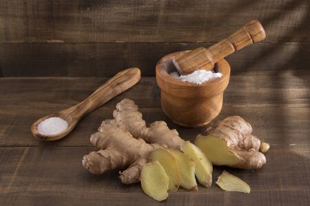Lemon, baking soda and ginger sodium for teeth cleaningの写真素材