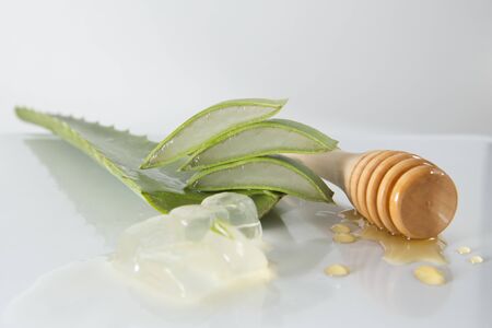 sliced aloe vera leaves and honey-pot grinder on white backgroundの写真素材