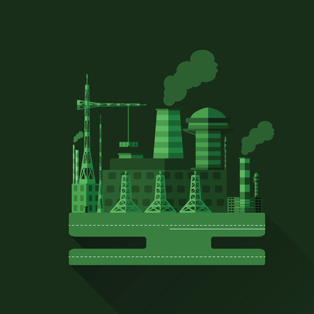 Green monochrome illustration of an industrial factory with the long shadow in flat design style.のイラスト素材