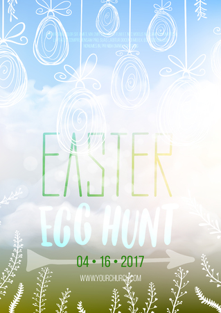 Easter Egg Hunt, vector Easter religious poster template with transparency and gradient mesh. Church invitation flyer, vector illustration.のイラスト素材