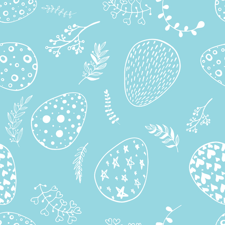 Seamless pattern with hand drawn ornamental eggs. Design for banner, poster, apparel design. Vector illustration, blue and white colors.のイラスト素材