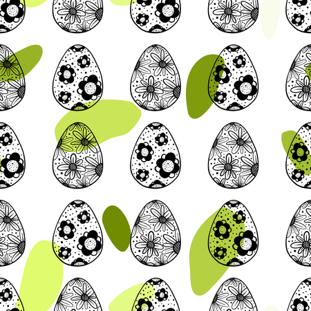Seamless pattern with hand drawn ornamental eggs and colorful scattered confetti.のイラスト素材
