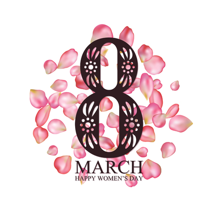 8 March International Women's Day greeting card with flying pink petals. Vector illustration.のイラスト素材